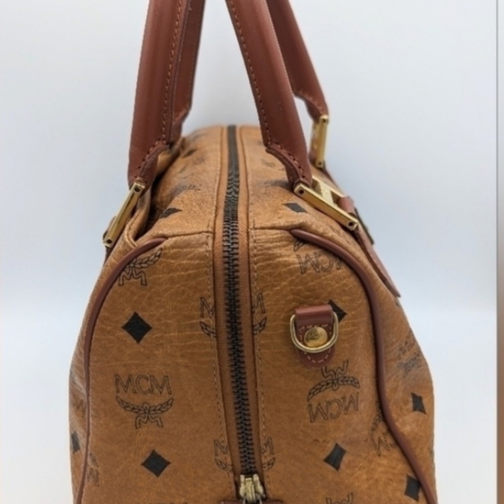 MCM Cognac Monogram Satchel with Brown Leather Trim and Gold Hardware - Picture 3 of 14